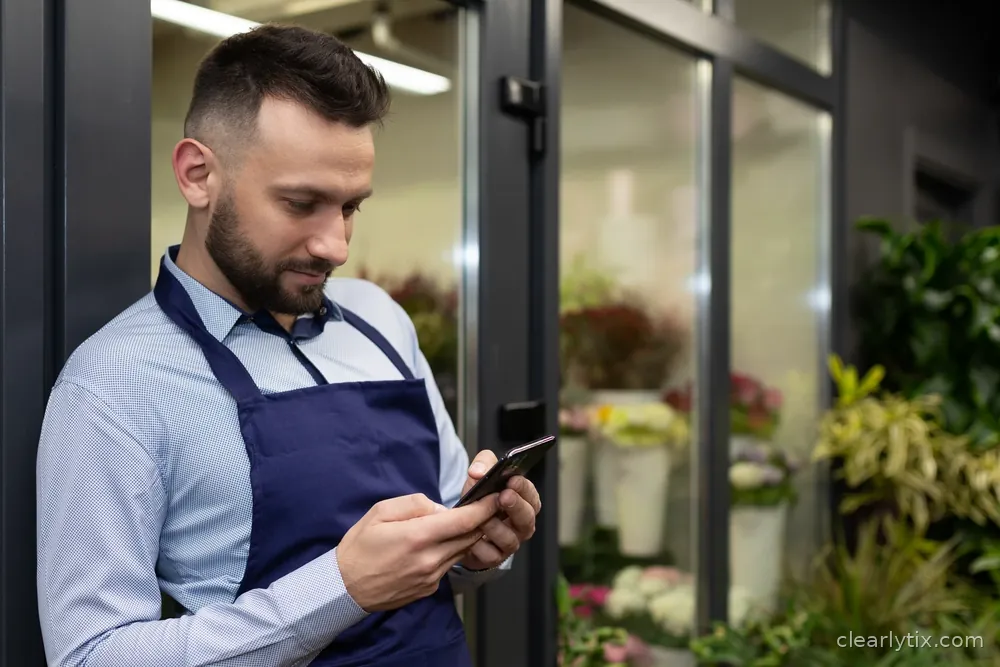 A florist checks his phone calmly in his shop.